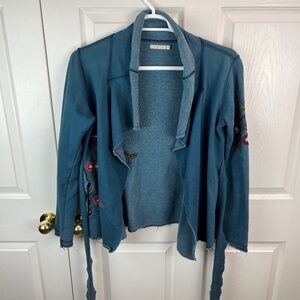 Caite Belted Tie Embroidered Floral Sweatshirt Cardigan